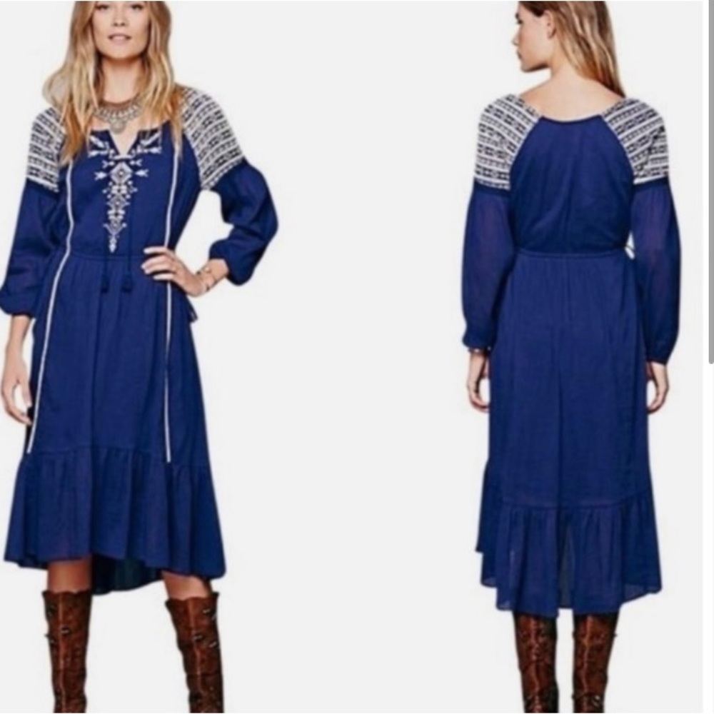 Free People Dream Weaver Midi Dress Boho Blue with White Embroidery Size Medium